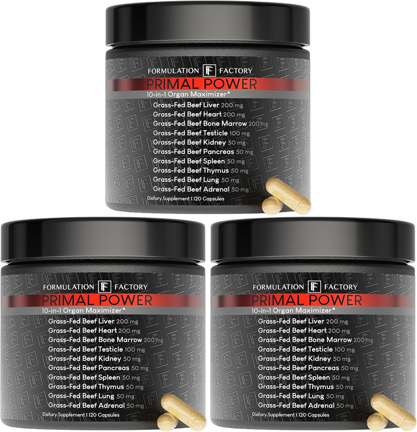 Formulation Factory Primal Power 10-in-1 Grass-Fed Organ Supplement with Beef Liver, Heart, Marrow, Testicle, Kidney, Supports Vitality, Hormones, Energy, Immunity (6 Month Supply, 360 Capsules)