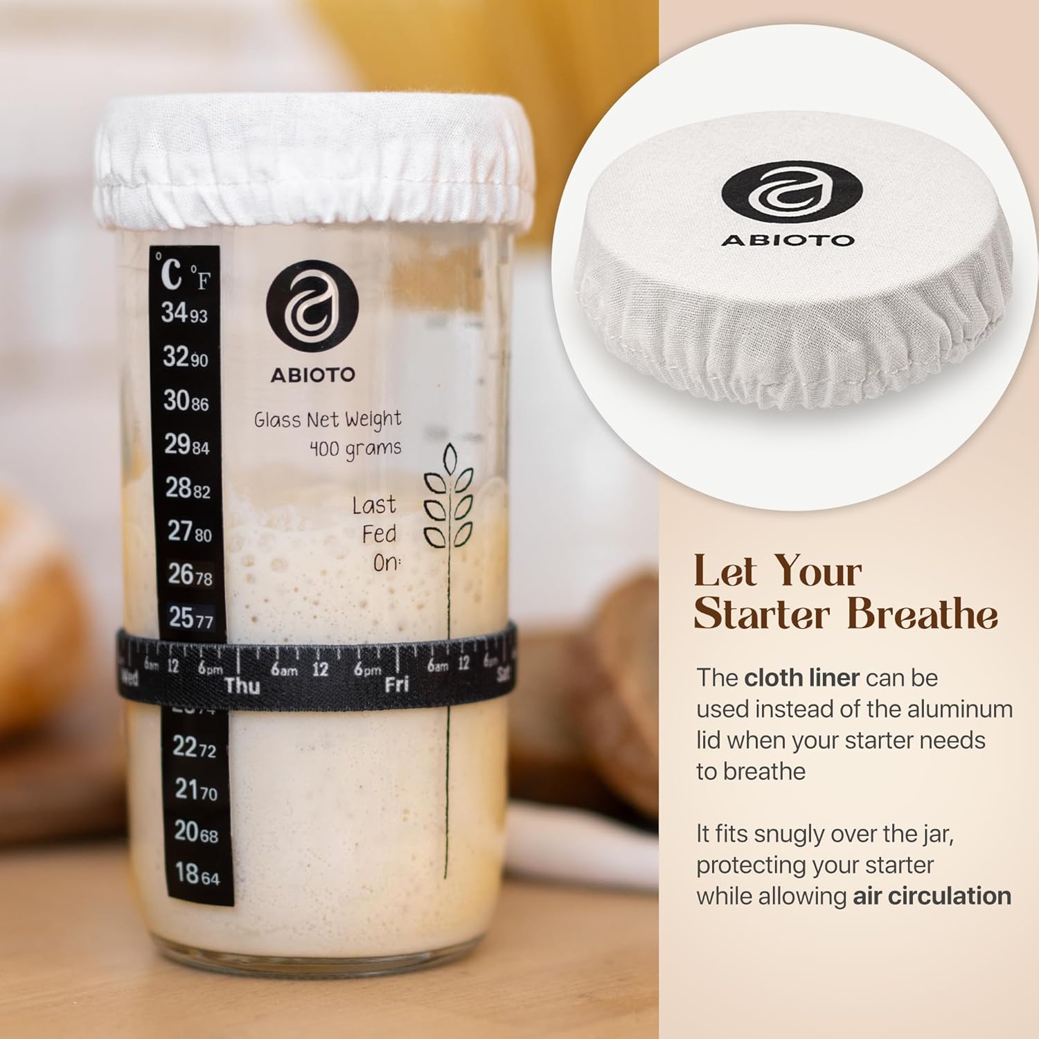Sourdough Starter Kit, Includes 24 oz Sourdough Starter Jar with Metallic Lid, Silicone Spatula, Feeding Tracker, Extra Thermometer Strips & Breathable Covers - Sourdough Bread Starter Kit