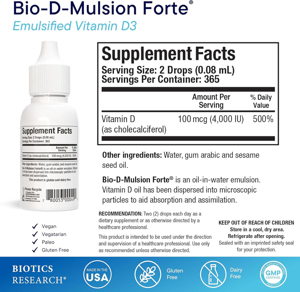 Biotic Researc Bio-D-Mulsio Fort Liqui Vitami Drop 400 I Vitami D 2000i /Dro fo Adult ¨CBes Absorption Strengthen Bones Support Cardiovascula Immun Syste - f oz