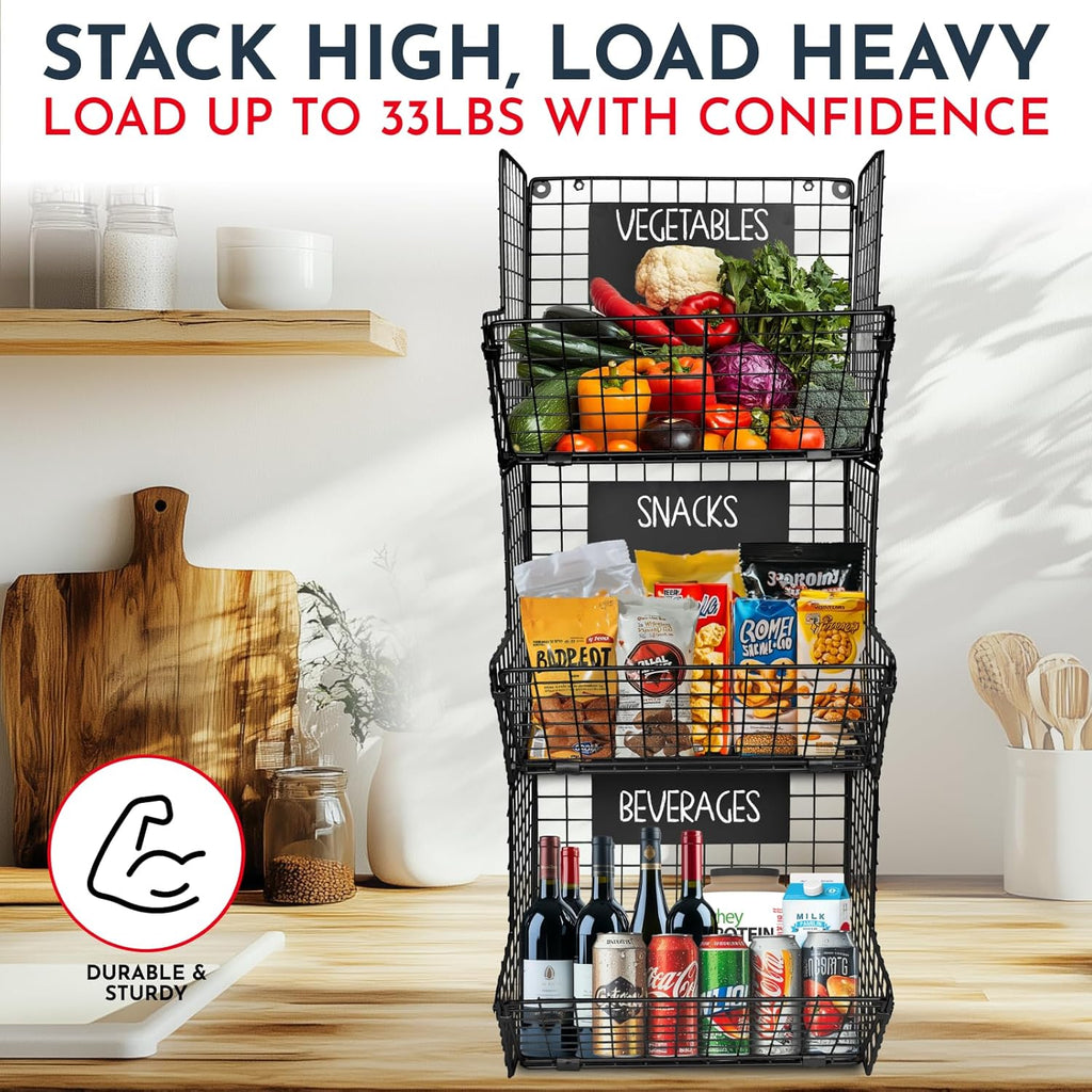 3-Tie X Wal Hangin Frui Basket fo Kitche Organizin Fruit an Vegetables Heavy-Dut Wal Baske fo Storag wit Chalkboard S-Hooks Wir Hangin Frui Baske fo Kitche Pantry