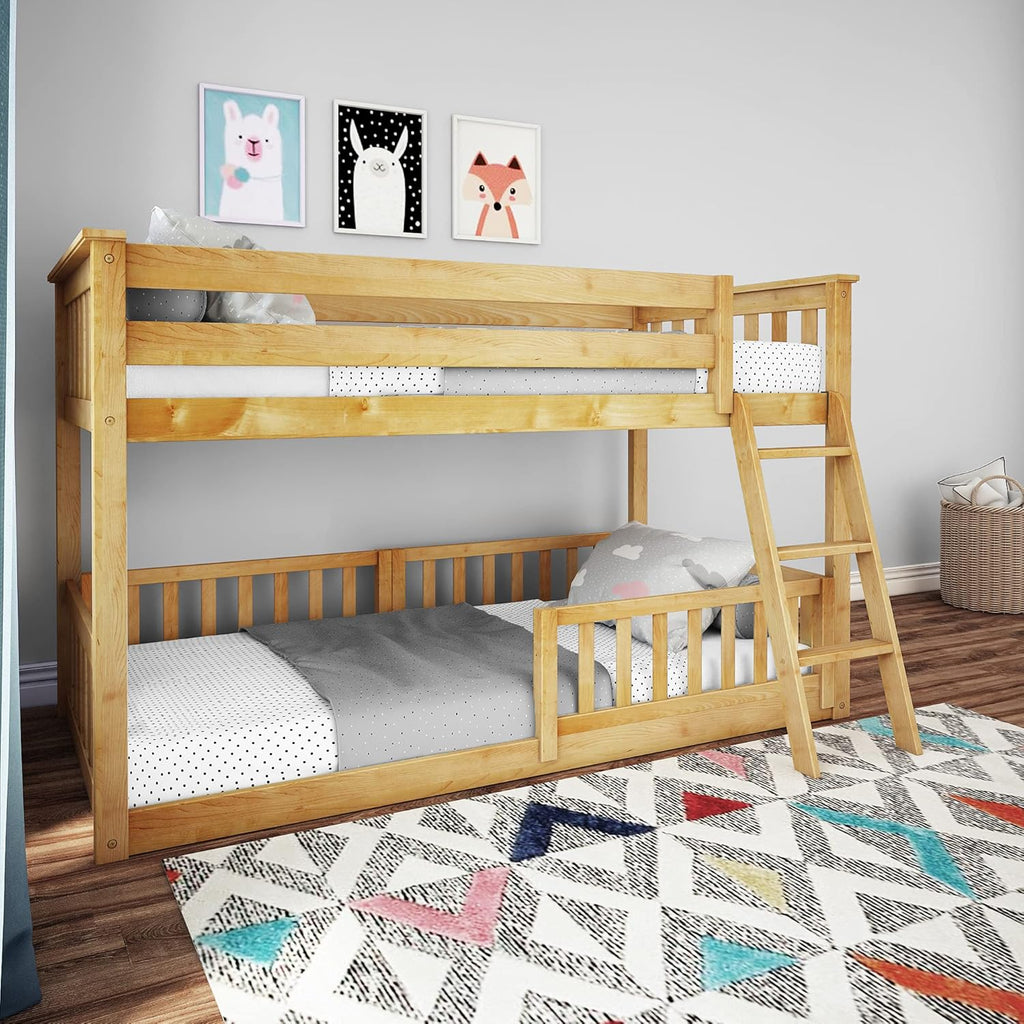 Max & Lily Low Bunk Bed, Twin-Over-Twin Bed Frame For Kids With 2 Guard Rails, White