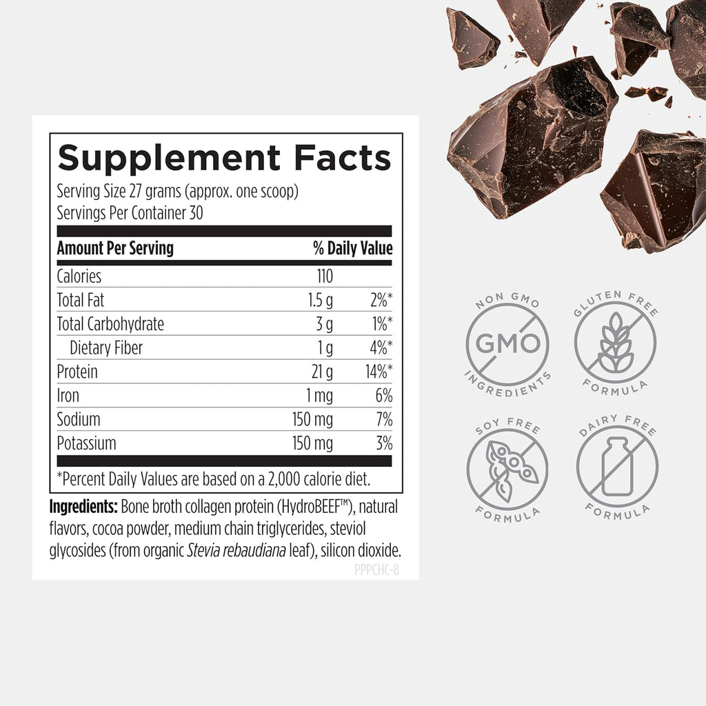 Designs for Health Bone Broth Protein Powder ¨C 21g Grass-Fed, Collagen-Rich Beef Protein Isolate - Chocolate, Paleo, Non-GMO, Dairy-Free (30 Servings / 810g)