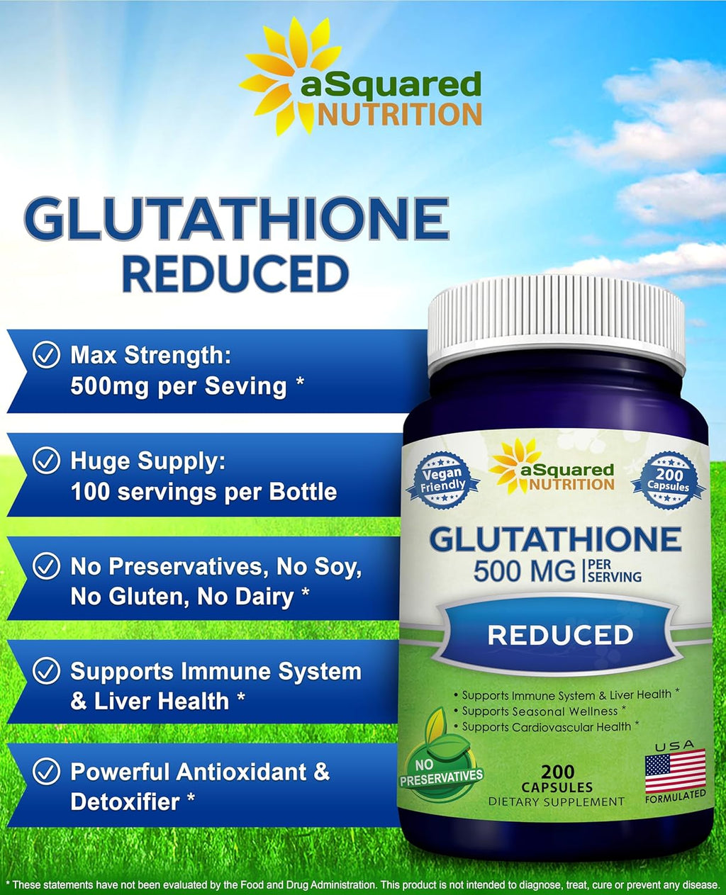 aSquare Nutritio Reduce Glutathion 500m Pe Servin Supplemen -20 Capsule -L-Glutathion Antioxidan t Suppor Live Healt Deto Ma Strengt Powde Pill t Hel Immun Brai Function