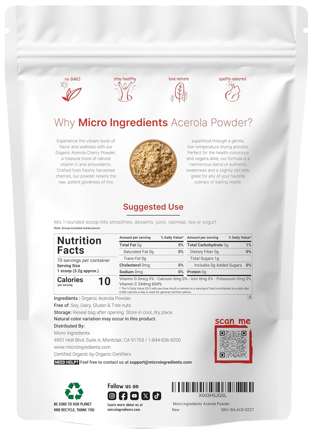 Organi Acerol Powder 8o Natura Organi Vitami Superfoo N Suga Additive Grea Flavo fo Drinks Smoothie Beverage Non-GM Vega Friendly Brazi Origin