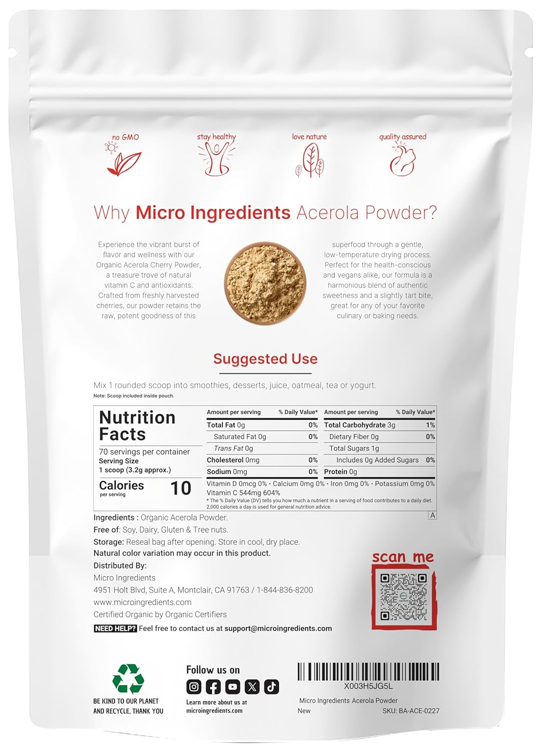 Organi Acerol Powder 8o Natura Organi Vitami Superfoo N Suga Additive Grea Flavo fo Drinks Smoothie Beverage Non-GM Vega Friendly Brazi Origin
