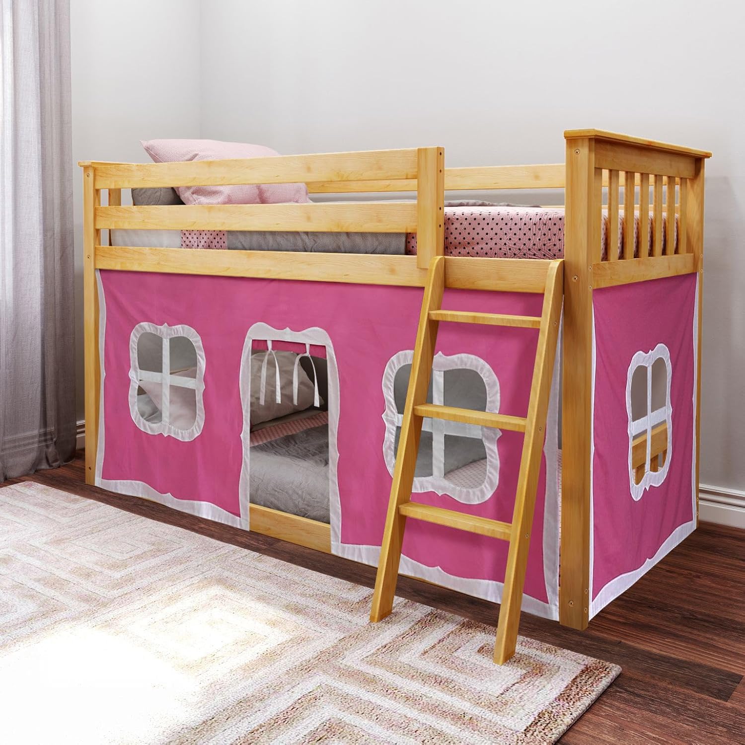 Max & Lily Low Bunk Bed, Twin-Over-Twin Bed Frame For Kids With Curtains For Bottom, Natural/Pink