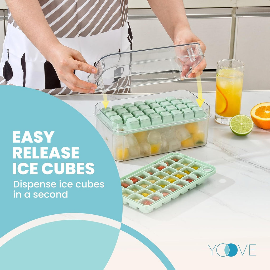 Yoove Ice Cube Tray with Lid and Bin | Press and Easy to Release Ice Cube Trays for Freezer | 2 Ice Tray, 60 refreshing Ice Cubes | Ice Molds for Fruits, Soda, Cocktails, Whiskey, Iced Coffee and Wine