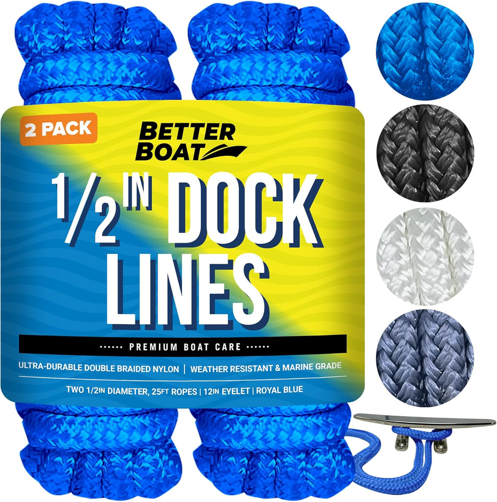 Boat Dock Lines, 1/2 Inch Braided Nylon Rope, 25 ft Mooring Marine Docking Lines with Loop, Royal Blue, 2 Pack