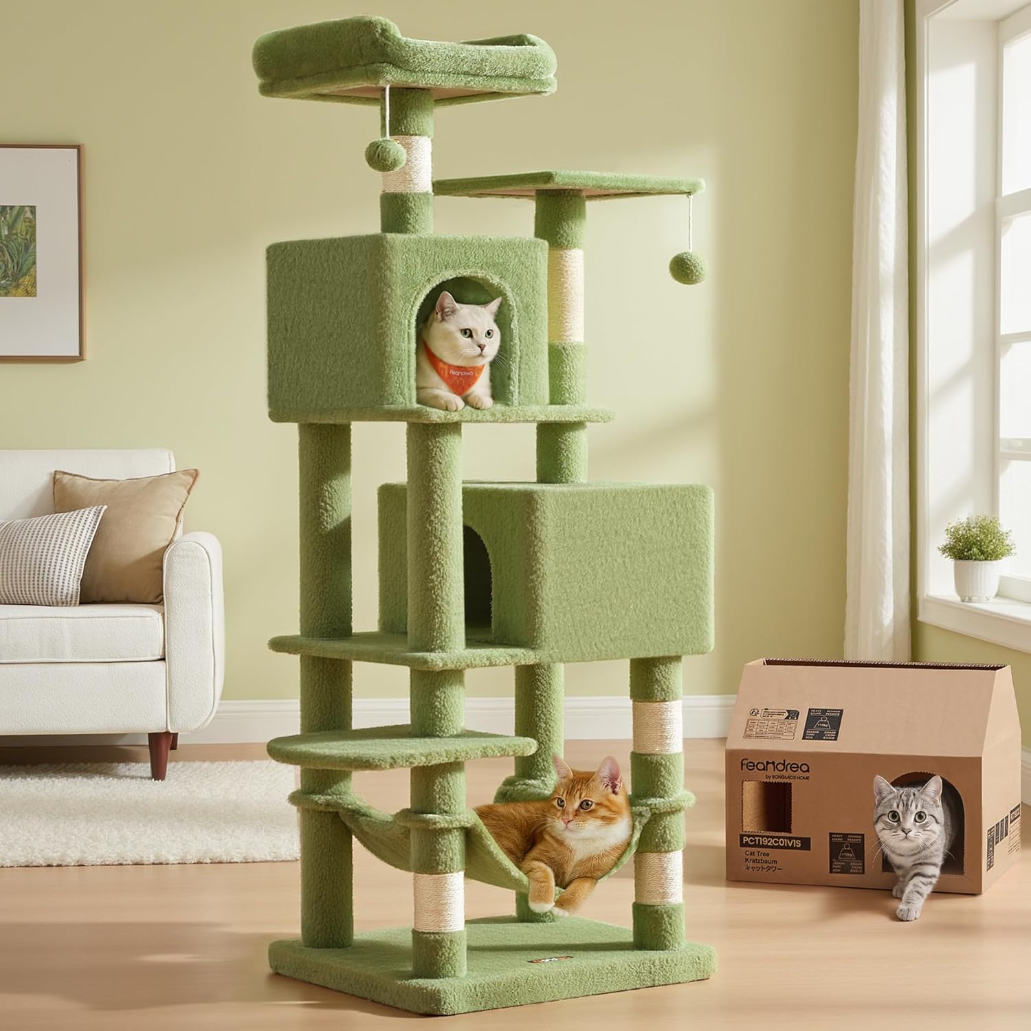 Cat Tree, 61-Inch Cat Tower for Indoor Cats, Plush Multi-Level Cat Condo with 5 Scratching Posts, 2 Perches, 2 Caves, Hammock, 2 Pompoms, Grass Green UPCT192C02