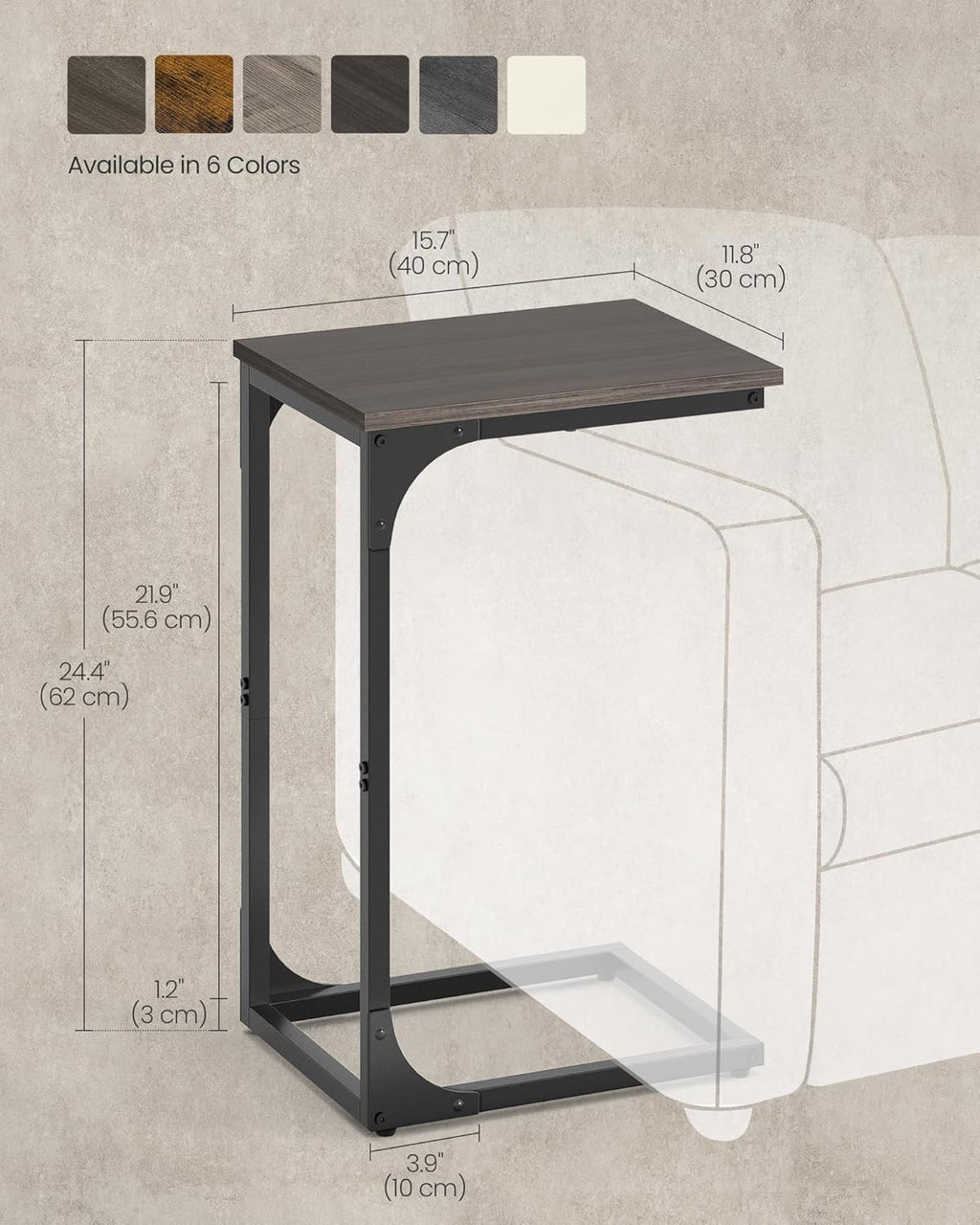 C-Shaped End Table, Small Side Table for Couch, Sofa Table with Metal Frame for Living Room, Bedroom, Bedside, Chestnut Brown and Black