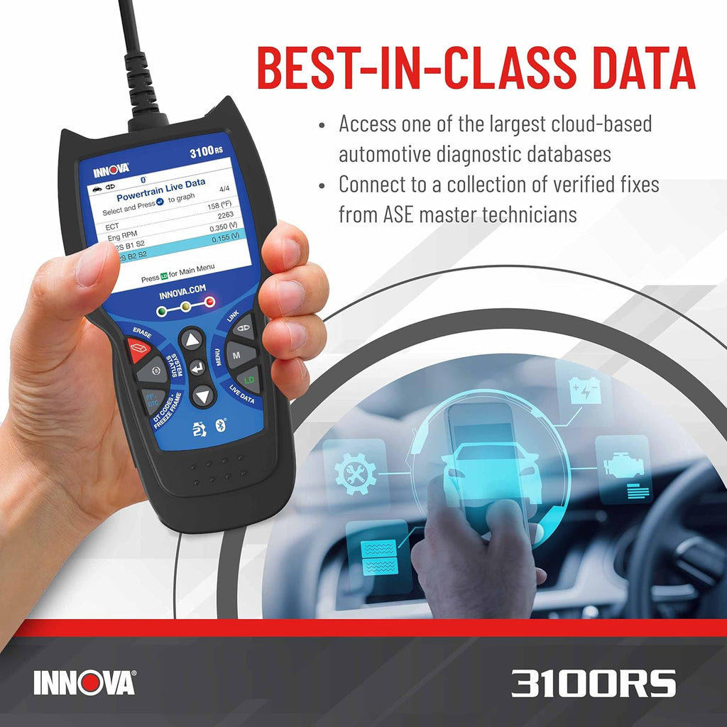 INNOV 3100RS OBD Scanner AB SR Airba Sca Too wit Airba Ligh Oi Ligh Reset Strea Grap Recor Liv Data Ge Suggeste Repai Part o iPhon o Android