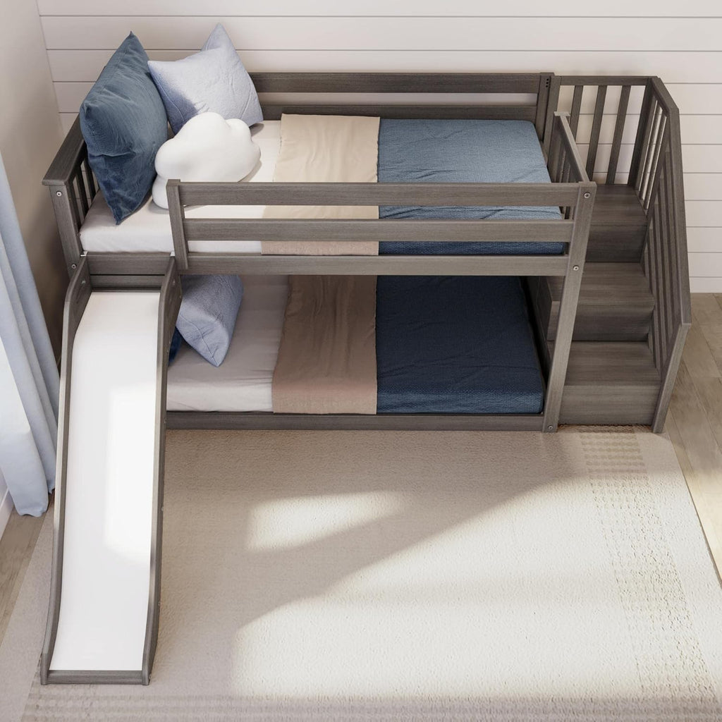 Max & Lily Solid Wood Twin over Twin Size Low Bunk Beds for Kids with Slide and Stairs, 400 lbs Weight Capacity, 14inch Safety Guardrail, Anti-Slip Steps, Clay