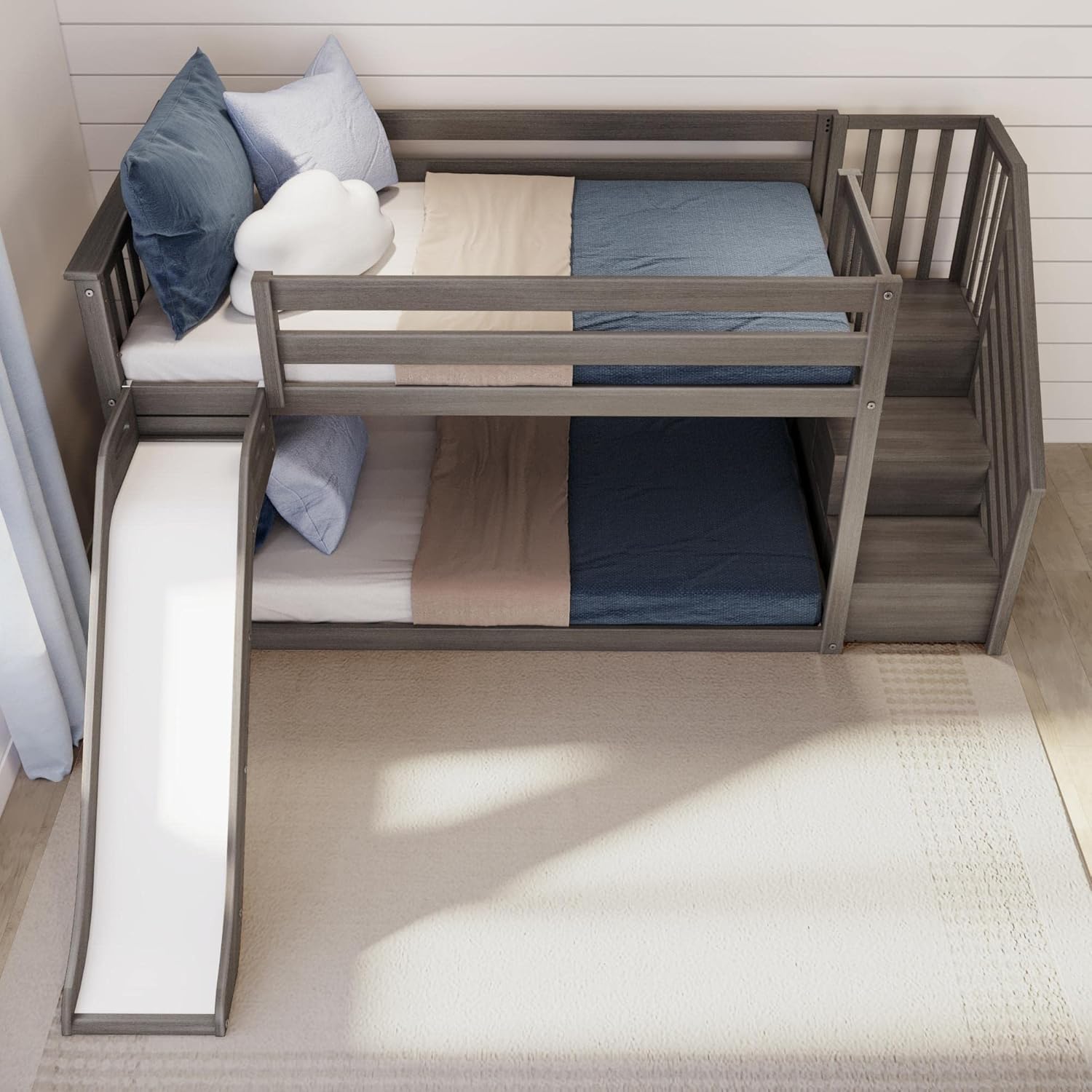 Max & Lily Solid Wood Twin over Twin Size Low Bunk Beds for Kids with Slide and Stairs, 400 lbs Weight Capacity, 14inch Safety Guardrail, Anti-Slip Steps, Clay