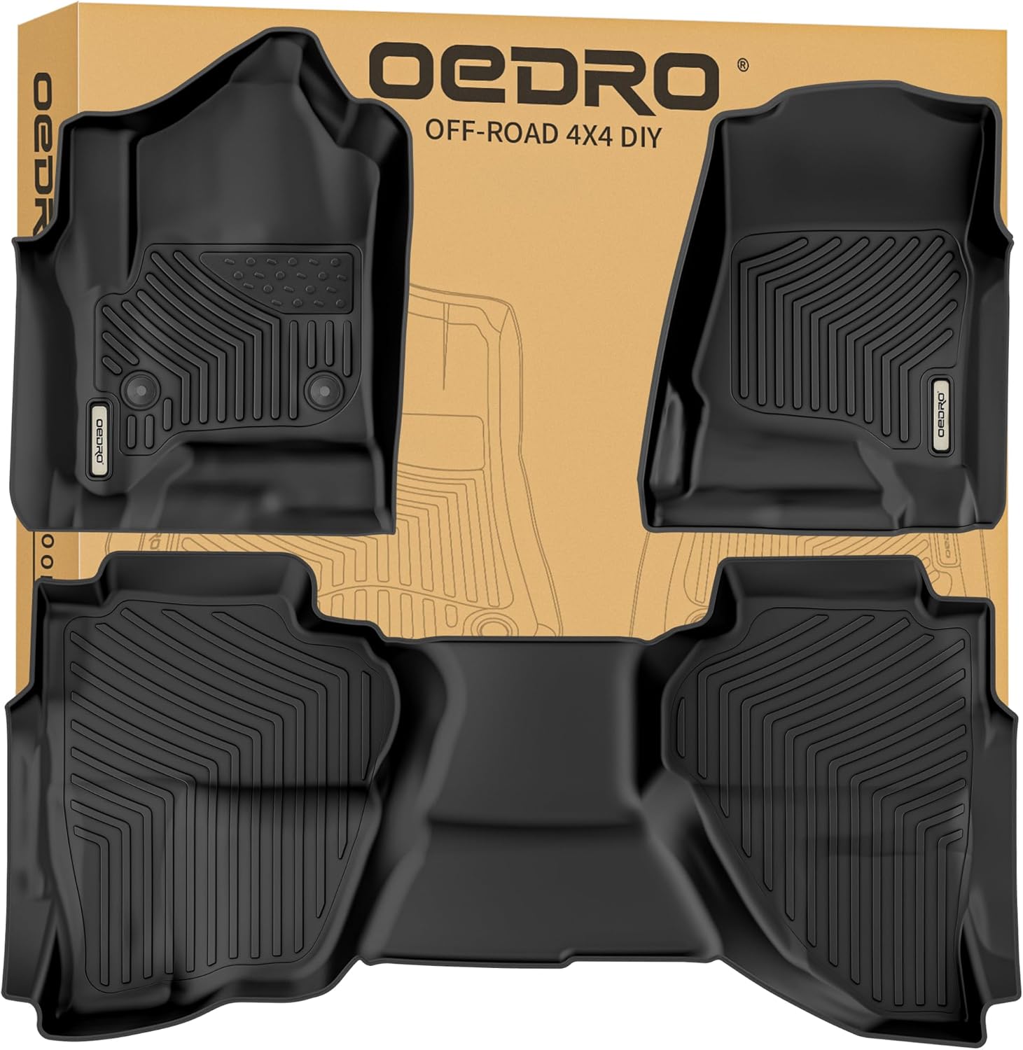 OEDRO Floor Mats Fits for 2014-2018 Chevrolet Silverado/GMC Sierra 1500 Double Cab, 2019 Silverado LD/Sierra Limited; 2015-2019 2500HD/3500HD, All Weather Guard 1st and 2nd Row Custom Fit Liners