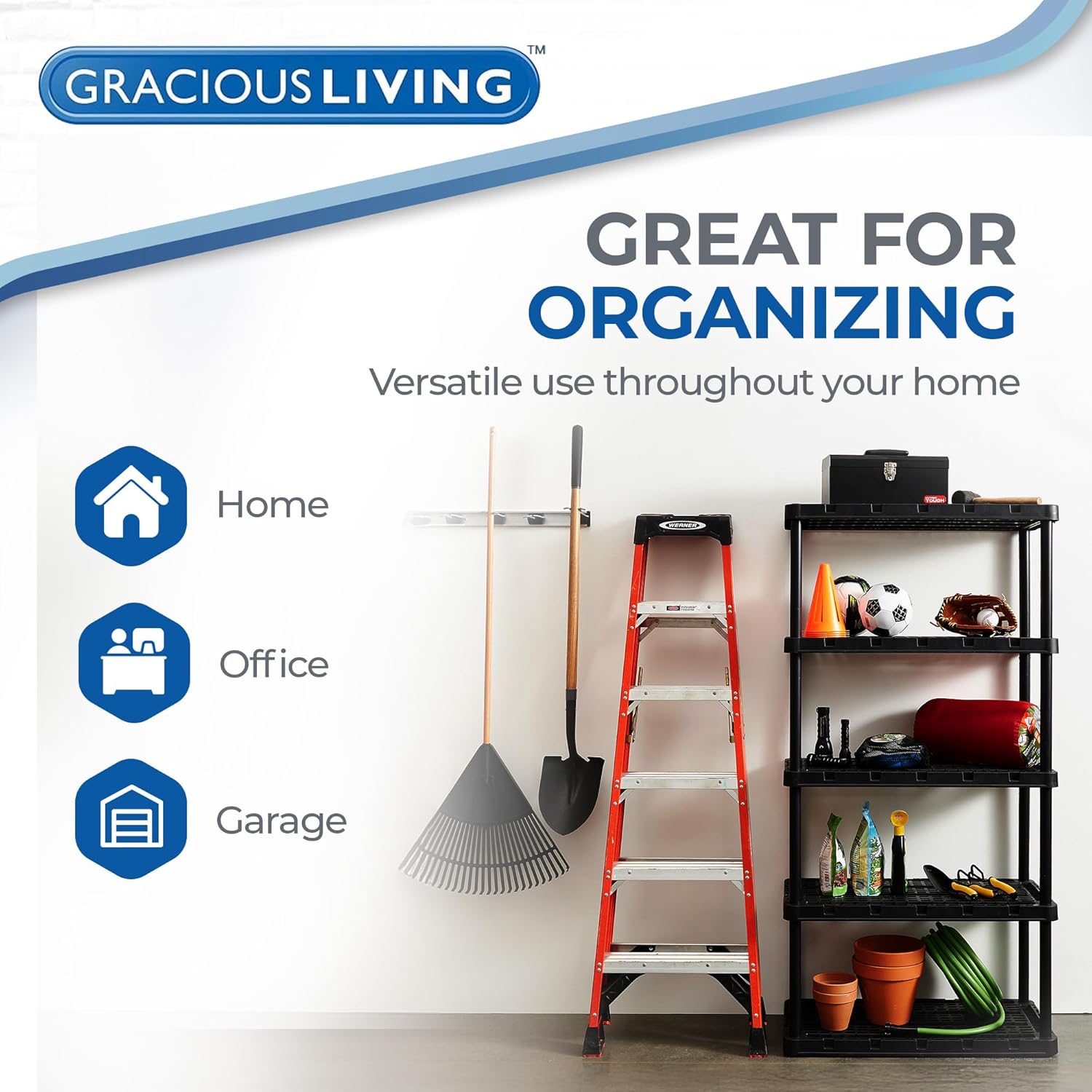 Gracious Living 2-Pack 5 Shelf Unit, Storage Shelves and Rack for Home & Garage, Black - Multipurpose and Heavy-Duty Plastic Shelving Organizer - Ideal for Kitchen, Closet, and Pantry