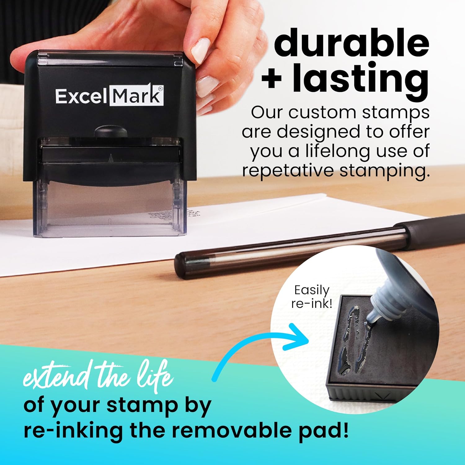 ExcelMark Custom Rubber Stamp ¨C Clean Easy Stamping ¨C Personalized Self-Inking Stamp (Medium)