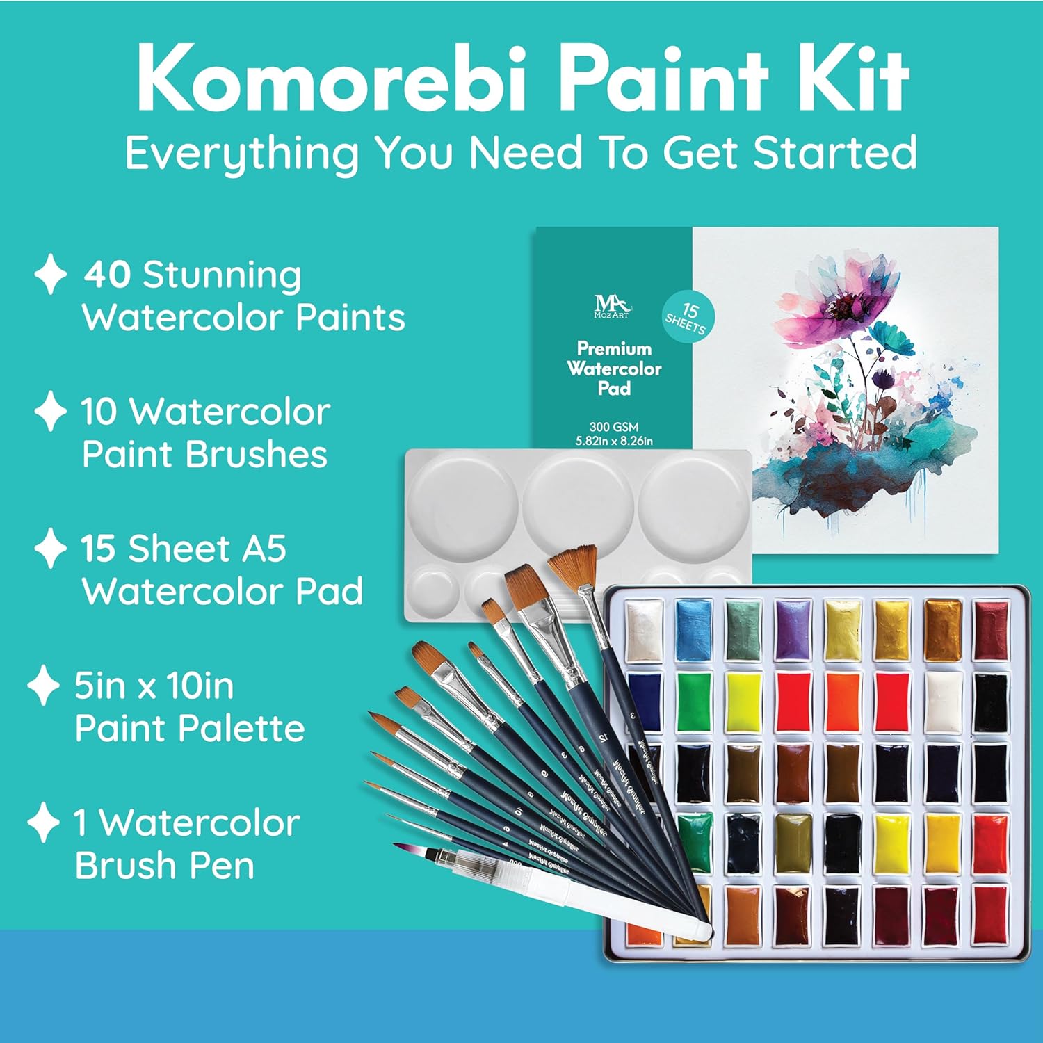 Mozart Japanese Watercolor Paint Set - Komorebi Art Kit with 40 Color Pans - 10 Watercolor Brushes - Paint Palette, Brush Pen Paper Pad - Complete Supply for Adults, Kids Students