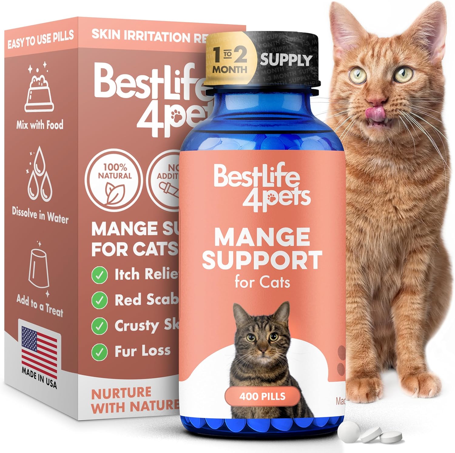 Mange Support for Cats, Natural Cat Itchy Skin, Paws and Ears Relief - Soothes Welts, Scabs, Red and Flaky Skin Reducing Excessive Grooming and Patchy Fur for a Healthy Coat (400 Tiny Tasteless Pills)