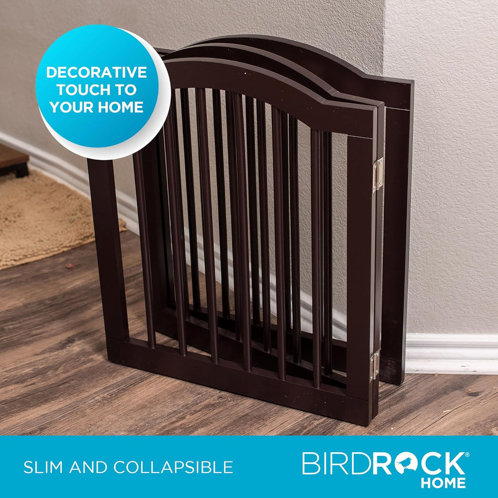 INTERNET'S BEST Arched Top Dog Gate | 4 Panel, 24inch H Wooden Pet Barrier for Dogs or Cats | Freestanding Folding Room Divider for Doorways, Hallways, Stairs, and Porch | Portable, Extra Wide | Espresso