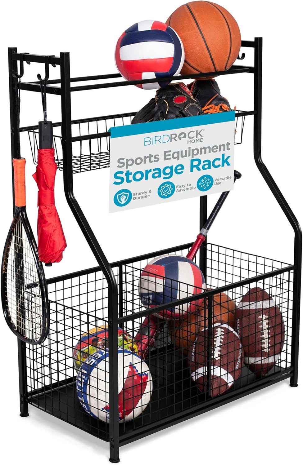 BIRDROC HOM Sport Equipmen Bal Organize 43inch fo Garag -Storag Rac Baseball Tennis Football Gy Gea Wid Bi Baske  Hook Kid To Holde Hocke Stic Cag Indoo Outdoor