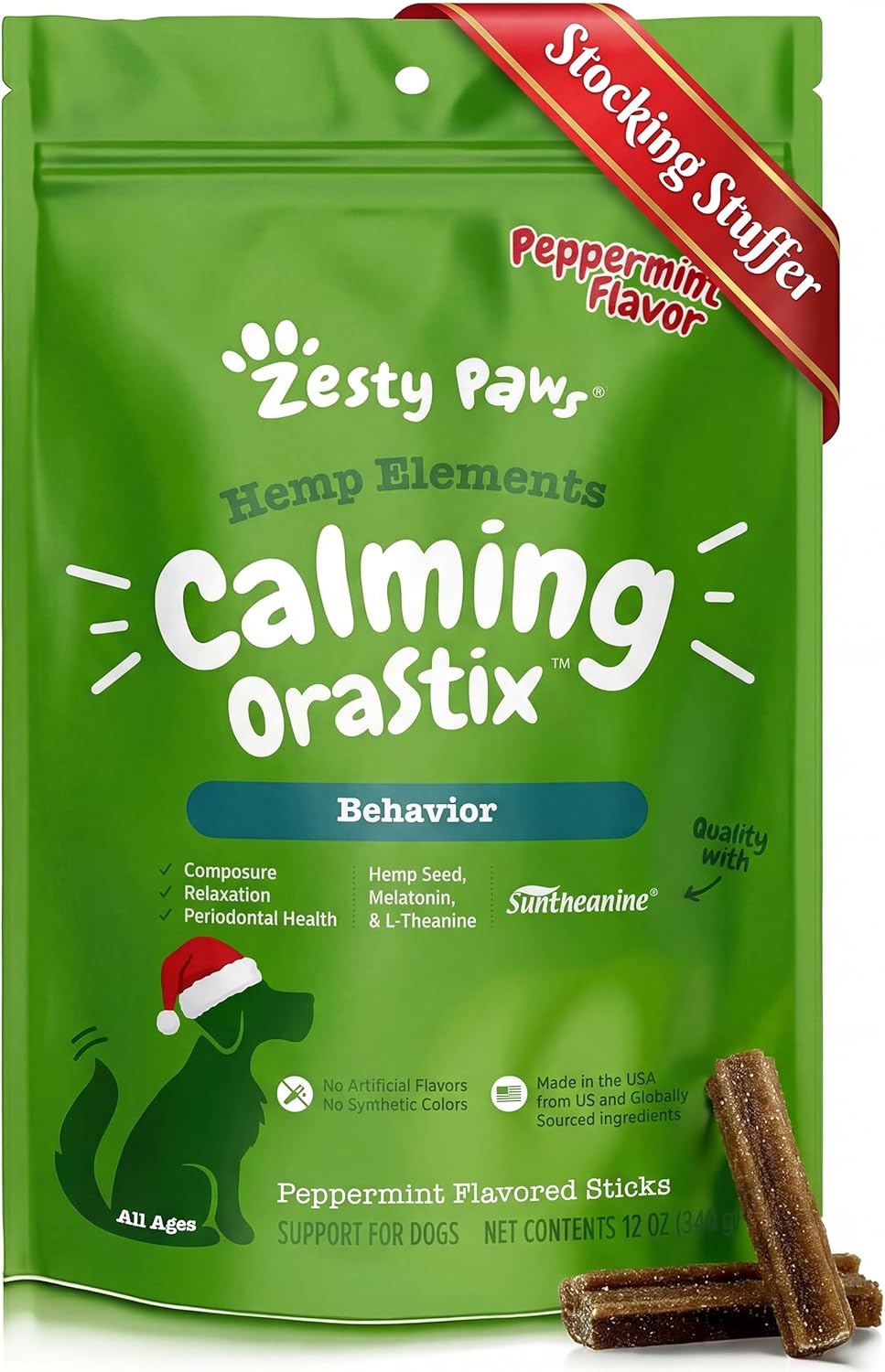 Zesty Paws OraStix for Dogs - Calming Dental Sticks for Stress with Hemp Melatonin Chamomile Dog Healthy Teeth and Gums Calm Composure for Fireworks and Thunderstorms - 12oz