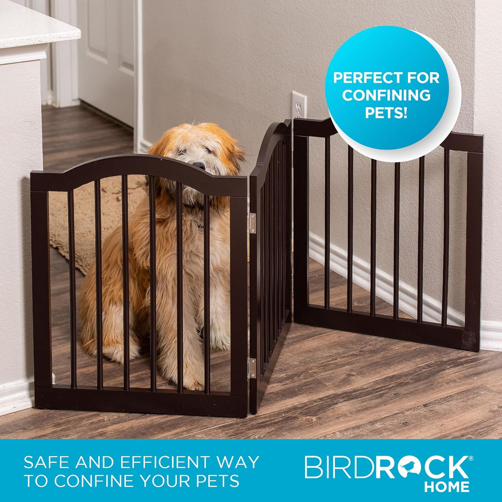 INTERNET'S BEST Arched Top Dog Gate | 4 Panel, 24inch H Wooden Pet Barrier for Dogs or Cats | Freestanding Folding Room Divider for Doorways, Hallways, Stairs, and Porch | Portable, Extra Wide | Espresso
