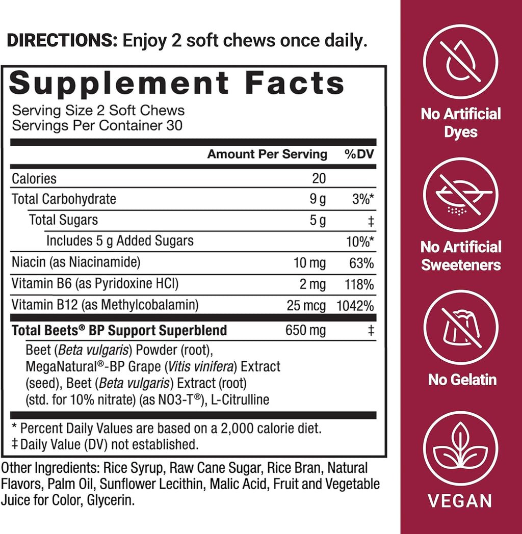 Force Factor Total Beets Blood Pressure Support Supplements with Beet Powder, Great-Tasting Beets Chewables for Heart-Healthy Energy, and Increased Nitric Oxide, 60 Chews