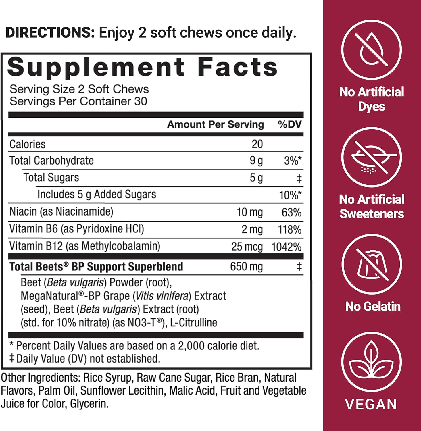 Force Factor Total Beets Blood Pressure Support Supplements with Beet Powder, Great-Tasting Beets Chewables for Heart-Healthy Energy, and Increased Nitric Oxide, 60 Chews