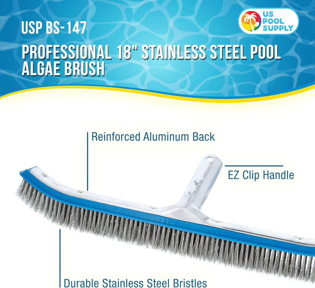 U.S. Pool Supply Pool Brush Head for Inground Pools - 18inch Stainless Steel Pool Brush, Metal Wire Bristles, Scrubbing Scrubber Brushes - Remove Calcium Build-Up on Tiles, Rust Stains on Concrete Walls