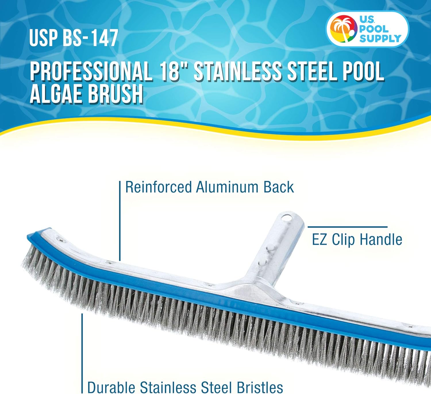 U.S. Pool Supply Pool Brush Head for Inground Pools - 18inch Stainless Steel Pool Brush, Metal Wire Bristles, Scrubbing Scrubber Brushes - Remove Calcium Build-Up on Tiles, Rust Stains on Concrete Walls