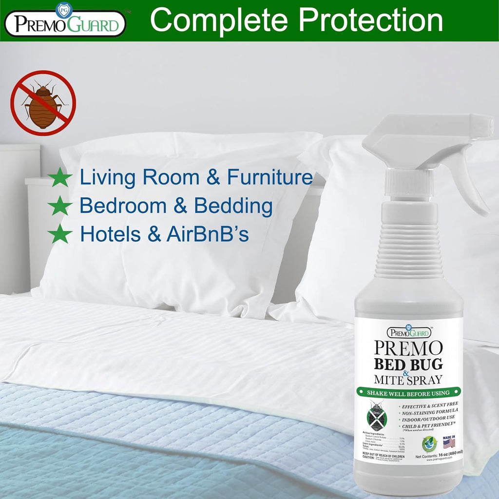 Premo Guard Bed Bug Killer Spray 16 oz - University Tested 100% Kill Rate - Natural Non Toxic, Stain Scent Free - Kill Bedbugs Mites On Bed Blankets, Furniture, Clothing - Child Pet Safe