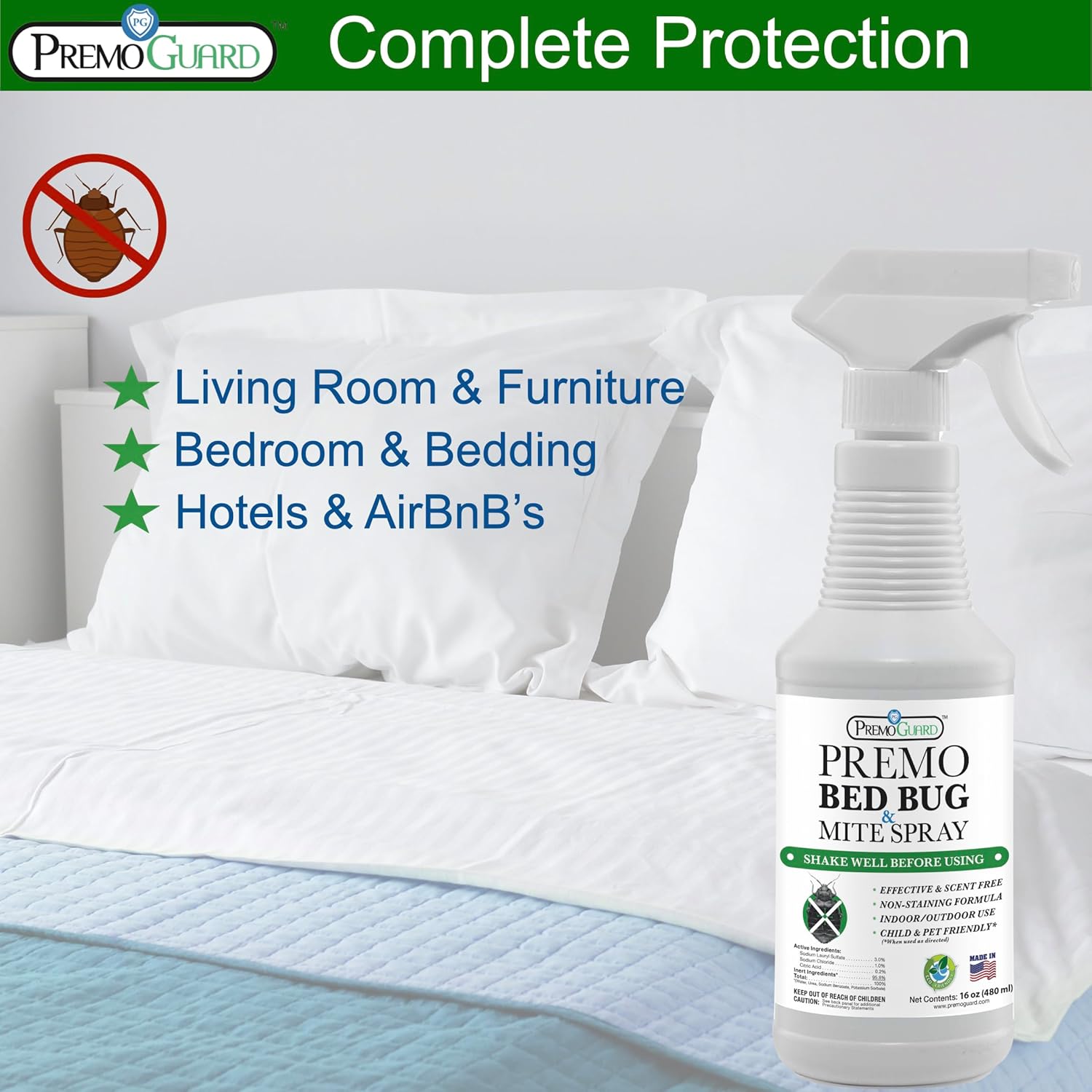 Premo Guard Bed Bug Killer Spray 16 oz - University Tested 100% Kill Rate - Natural Non Toxic, Stain Scent Free - Kill Bedbugs Mites On Bed Blankets, Furniture, Clothing - Child Pet Safe