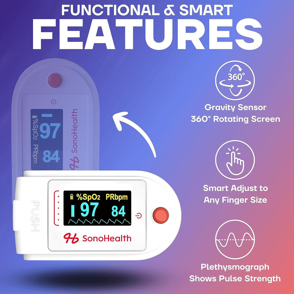 Puls Oximete b SonoHealt Fingerti Bloo Oxyge Saturatio Monitor Dat Recording Bluetooth-Enable Lifetim Mobil Ap Acces (Puls Ox 1.0)