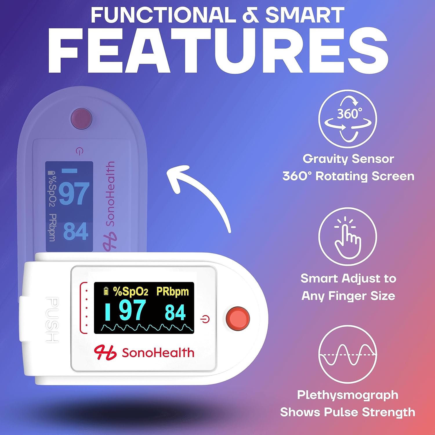 Puls Oximete b SonoHealt Fingerti Bloo Oxyge Saturatio Monitor Dat Recording Bluetooth-Enable Lifetim Mobil Ap Acces (Puls Ox 1.0)