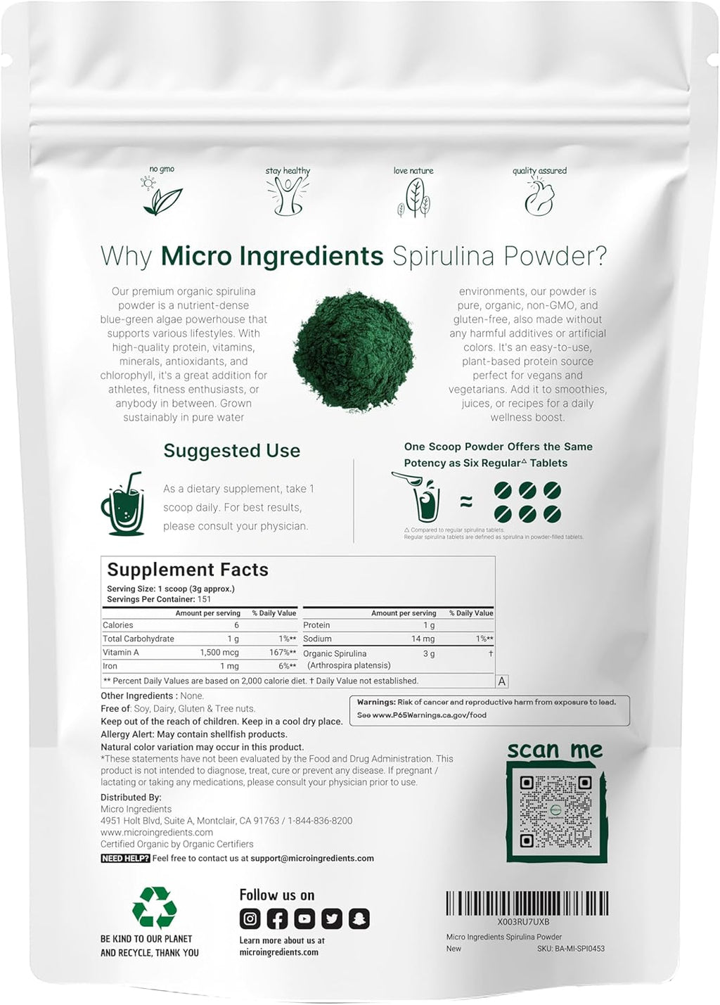 Micr Ingredient Organi Spirulin Powder 1l Blue-Gree Algae Ric i Vega Protein Vitamin Mineral Sourc o Natura Chlorophyl Enzyme Non-GMO Gluten-Free N Additives