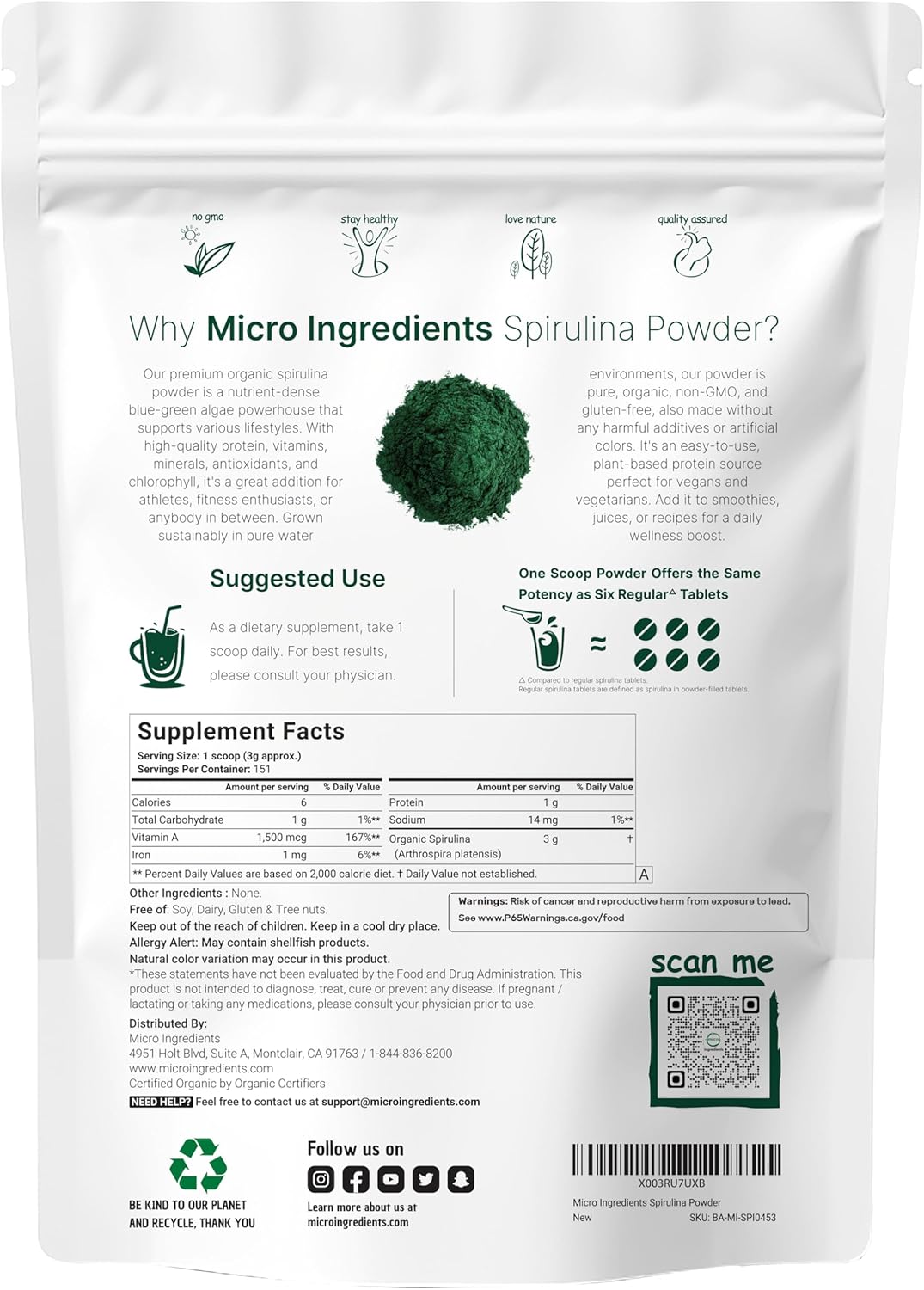 Micr Ingredient Organi Spirulin Powder 1l Blue-Gree Algae Ric i Vega Protein Vitamin Mineral Sourc o Natura Chlorophyl Enzyme Non-GMO Gluten-Free N Additives