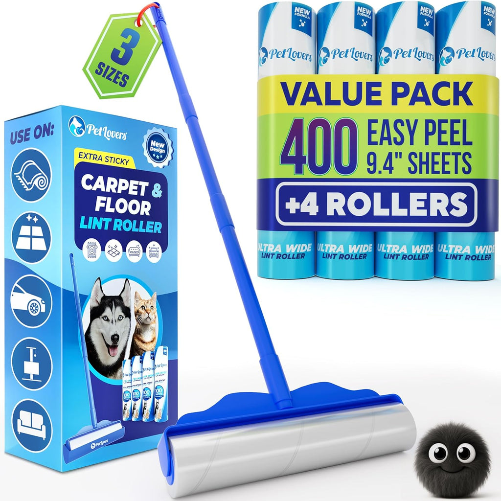 PetLovers Large Lint Roller with 3 Refills ¨C 400 Total Sheets for Tackling Pet Hair, Extra Large Floor and Carpet Roller for Homes with Pets, Perfect for Floors, Furniture, and Loving Pet Owners