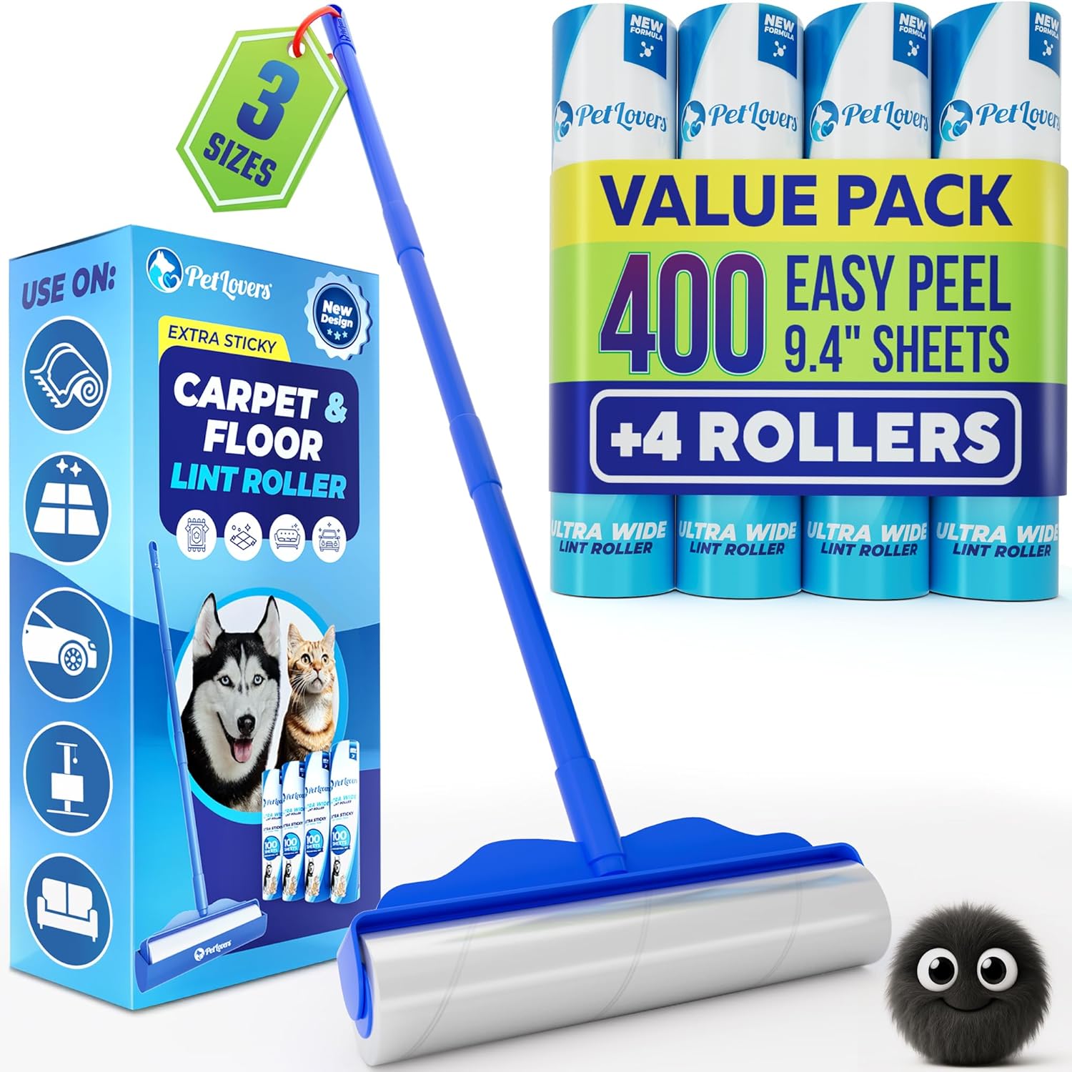 PetLovers Large Lint Roller with 3 Refills ¨C 400 Total Sheets for Tackling Pet Hair, Extra Large Floor and Carpet Roller for Homes with Pets, Perfect for Floors, Furniture, and Loving Pet Owners