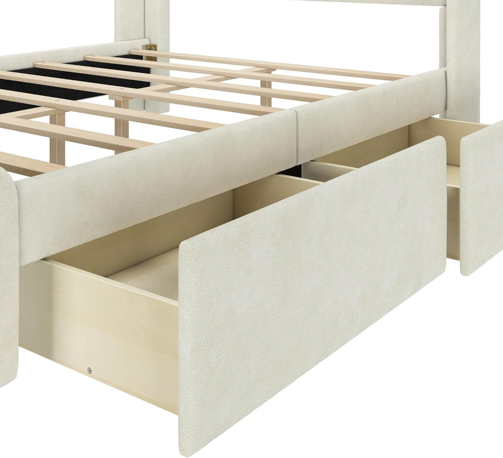 Plank+Beam Upholstered Queen Bed Frame with Rectangular Headboard and Two Storage Drawers, Upholstered Platform Bed, No Box Spring Needed, Easy Assembly, Cream