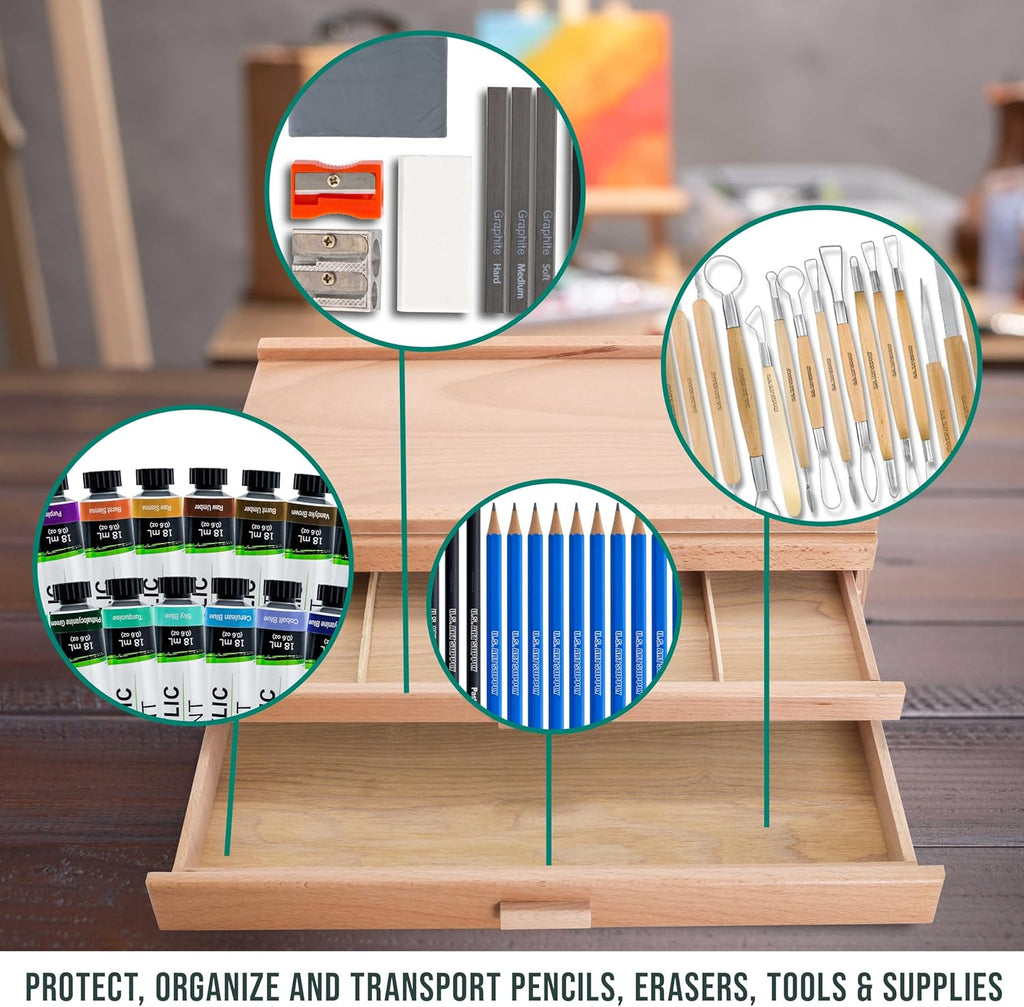 U.S Ar Suppl 3-Drawe Artis Too Suppl Bo wit Compartment pe Drawe Hardwoo Ar Bo fo Artis Supplies Brushes Pencils Erasers Too Storag Organize Case