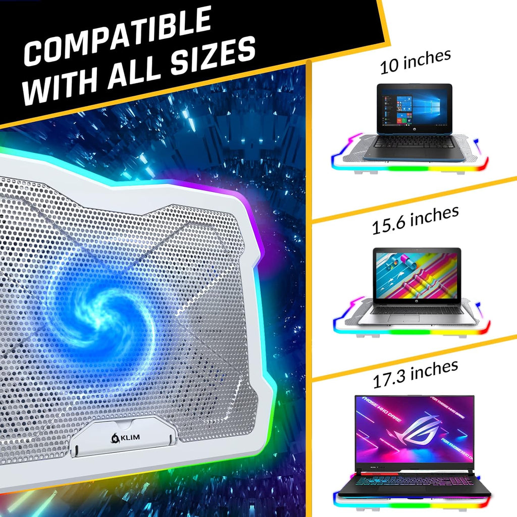 KLIM Ultimate + RGB Laptop Cooling Pad with LED Rim + New + Gaming Laptop Cooler + USB Powered Fan + Very Stable and Silent Laptop Stand + Compatible up to 17inch + PC Mac PS5 PS4 Xbox One - White