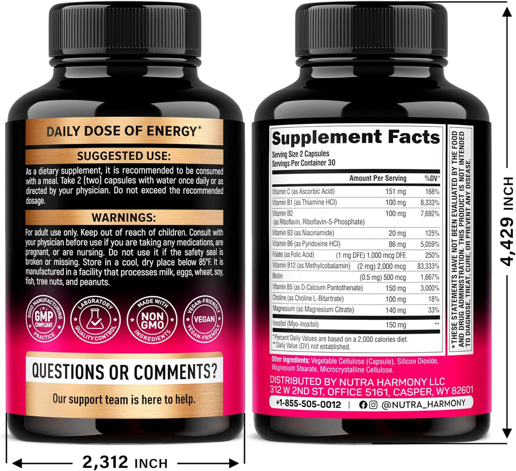 Vitamin B Complex for Men Women - Riboflavin B2, B12, B1, B3, B5, B6, B7, B8, B9 | Vitamin C, Choline, Inositol - B-Complex Supplement - Energy, Brain Heart Support - Made in USA, 60 Vegan Caps