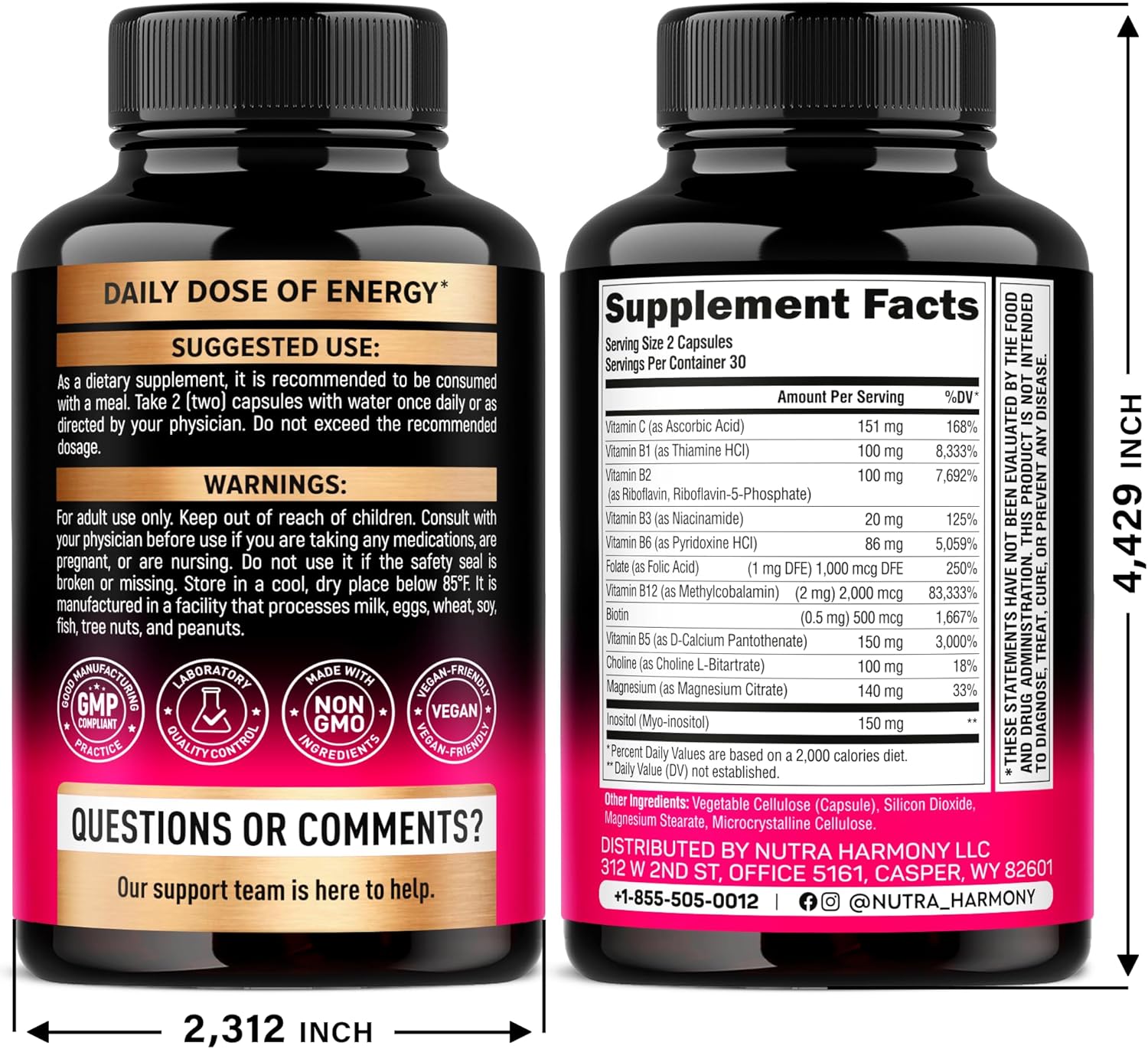Vitamin B Complex for Men Women - Riboflavin B2, B12, B1, B3, B5, B6, B7, B8, B9 | Vitamin C, Choline, Inositol - B-Complex Supplement - Energy, Brain Heart Support - Made in USA, 60 Vegan Caps