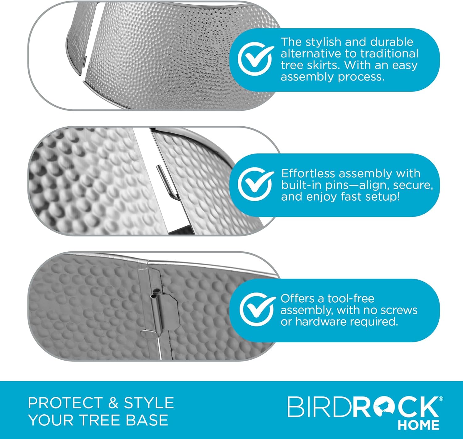 BIRDROCK HOME 4-Panel Christmas Tree Collar - Metal Holiday Skirt Decor - Water Base Protection from Pets (Silver - Hammered)