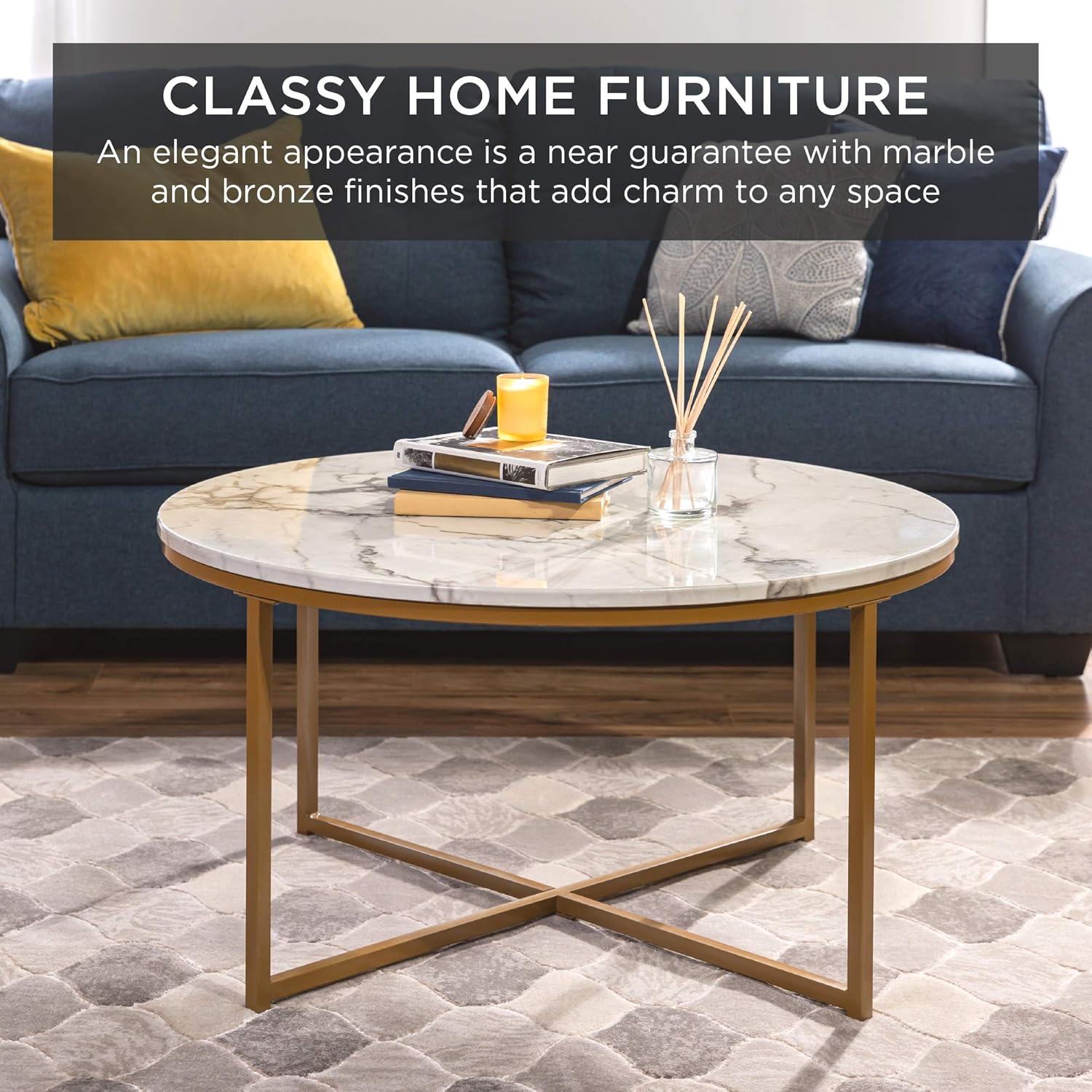 Bes Choic Product 36i Fau Marbl Accen Table Moder En Table Larg Coffe Tabl Hom Deco fo Livin Room Dinin Room Tea Coffe w/Meta Frame Foo Caps Designe White/Gold