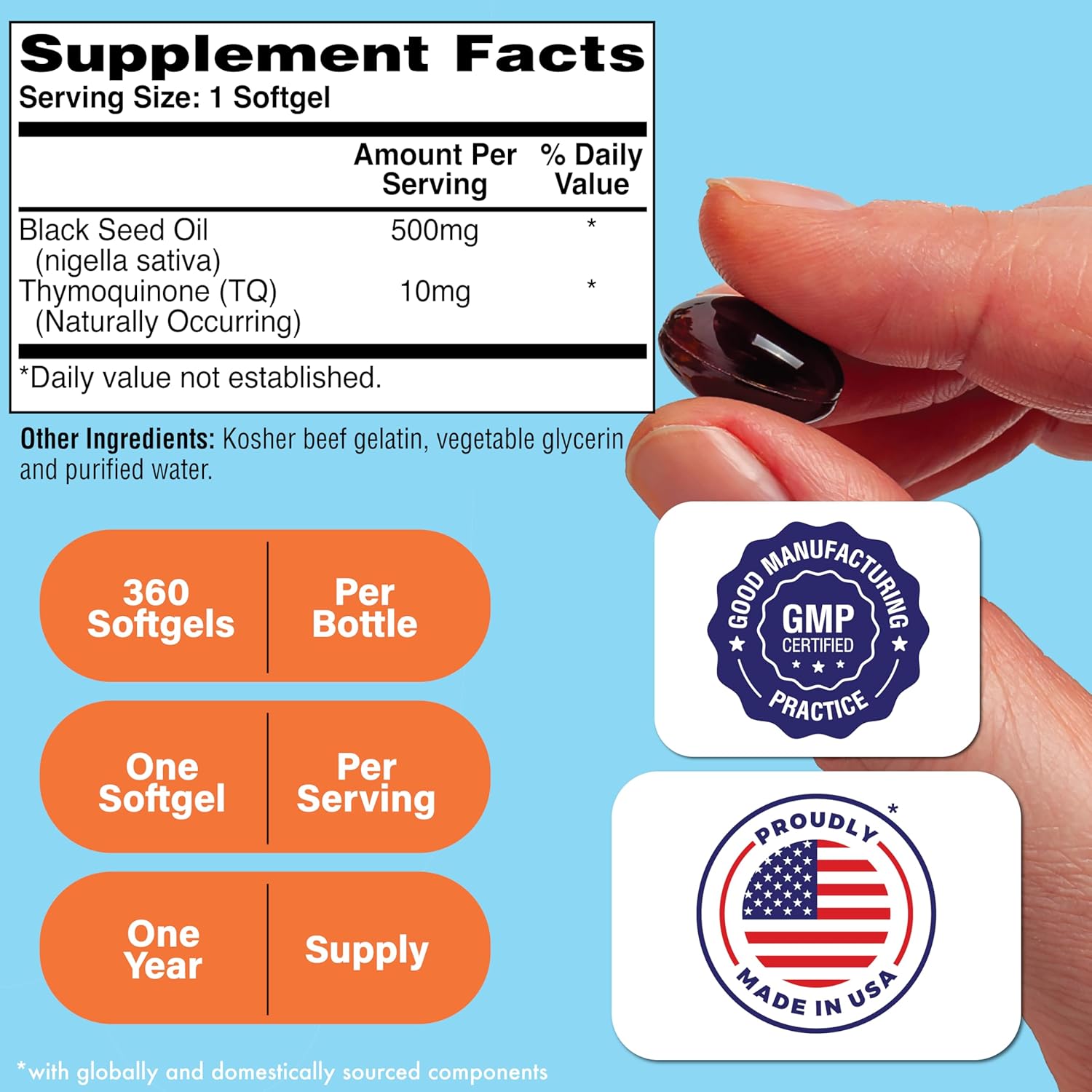 Health Thru Nutrition Black Seed Oil 500mg 360 Softgels | High Potency 2% Thymoquinone | 3rd Party Tested | Pure Cold Pressed | Organically Gown | Non-GMO, Gluten Free, Soy Free