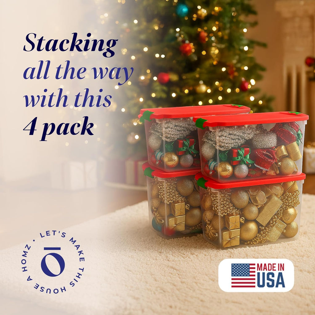 HOMZ 4-Pack Holiday Tote, Clear Plastic Storage Bins w/Lids & Dividers, 112 Quart, Red - Stackable Organizing Containers for Christmas Ornament Decorations, Gift Wraps, and Crafts