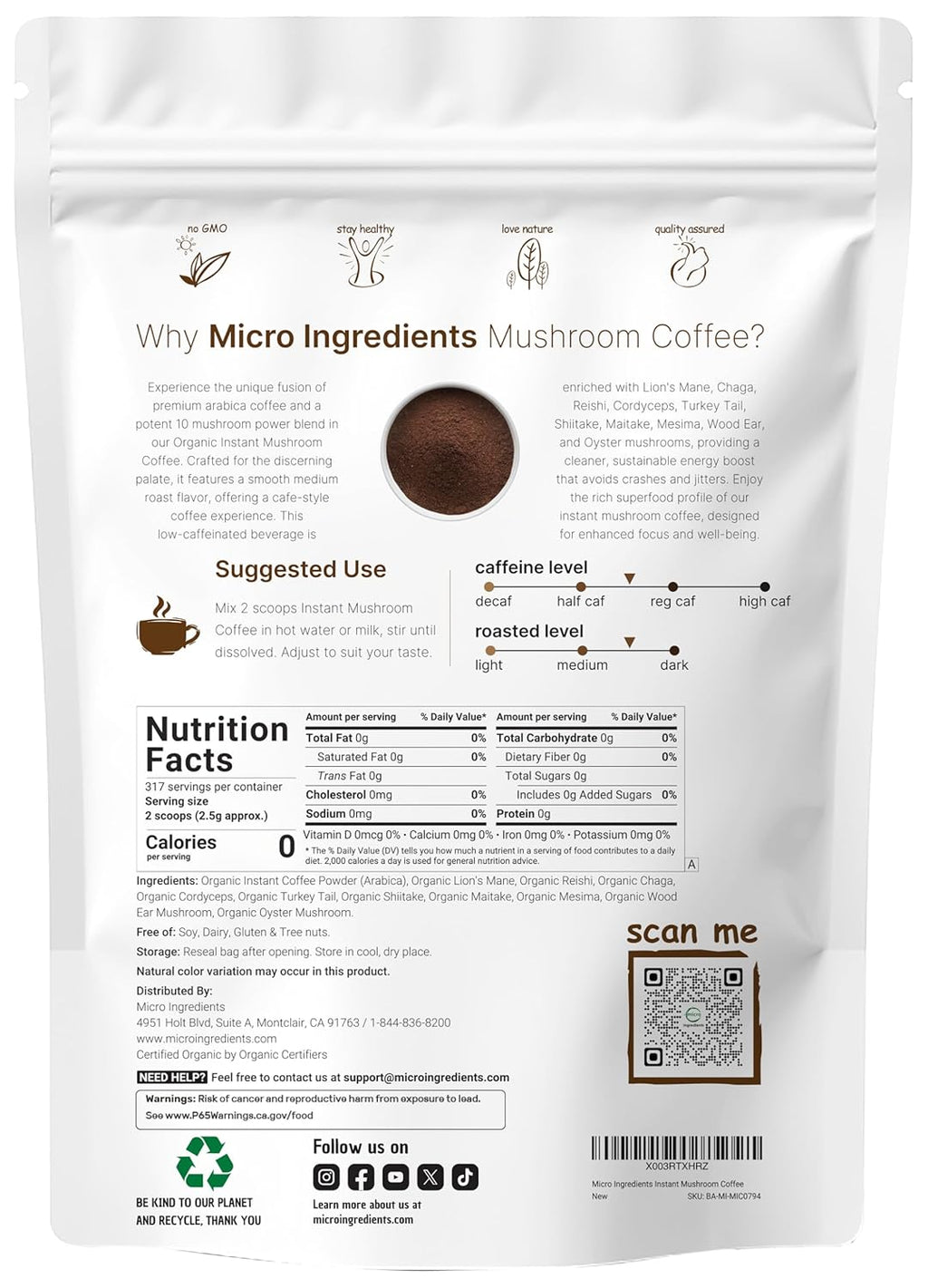 Organic Instant 10 in 1 Mushroom Coffee Powder, 28 Ounce (317 Servings) | Weight Immune Support | Premium Arabica Coffee with Lion¡¯s Mane, Chaga, Reishi,More