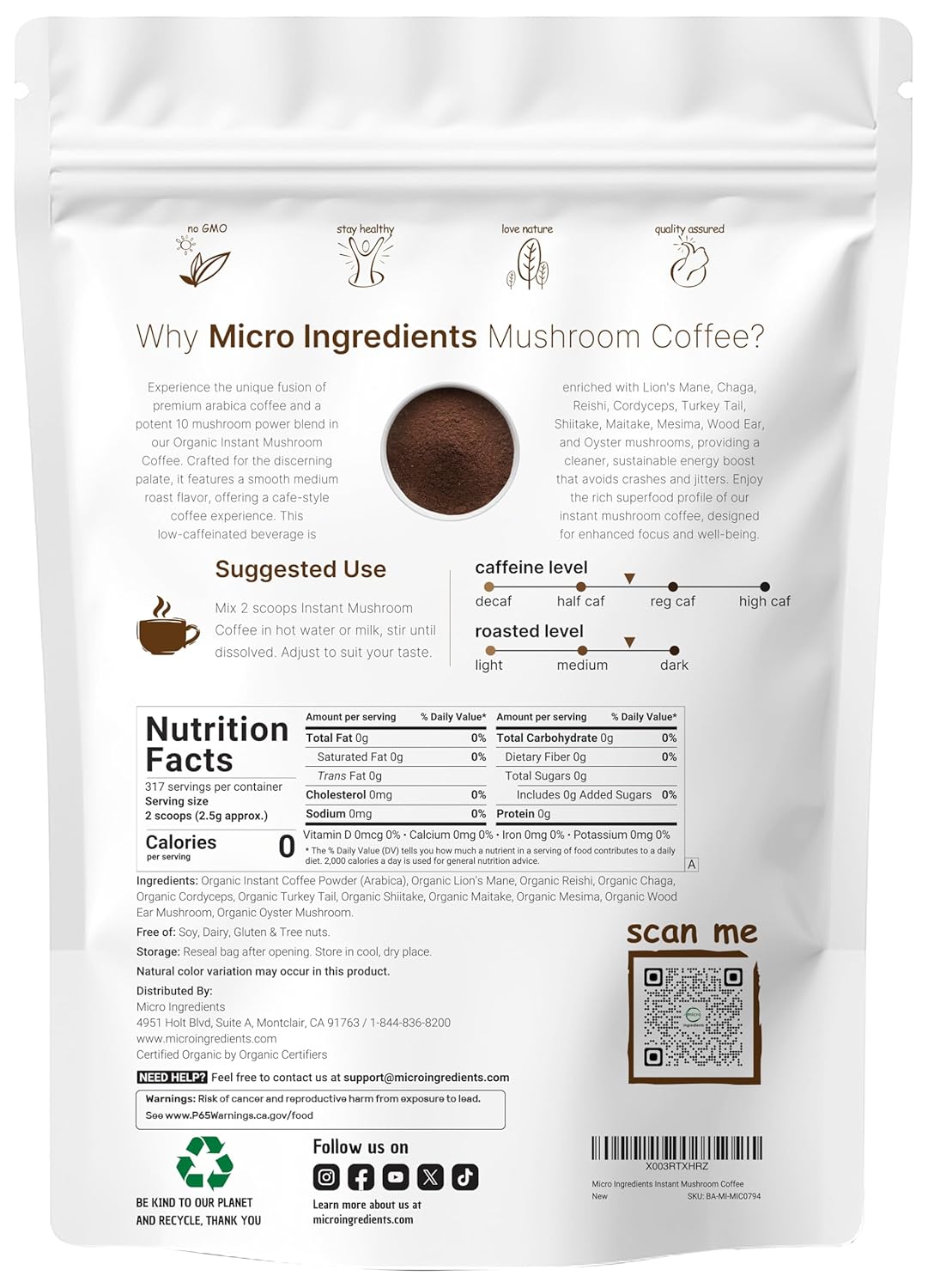 Organic Instant 10 in 1 Mushroom Coffee Powder, 28 Ounce (317 Servings) | Weight Immune Support | Premium Arabica Coffee with Lion¡¯s Mane, Chaga, Reishi,More