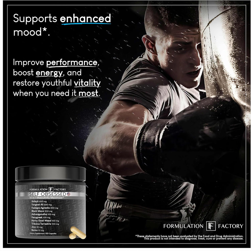 Formulation Factory Self Obsessed 10 in 1 Masculinity Maximizer Supplement, Shilajit for Men, Tongkat Ali, Ashwaganda, Fenugreek Muscle Growth, Energy, Drive, Strength, Recovery 4 Month (Pack of 2)